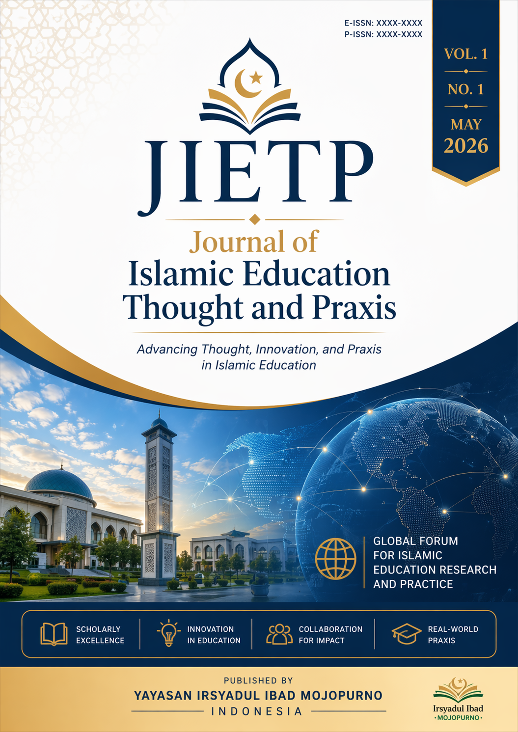 Cover image for JIETP Volume 1 Number 1, May 2026, featuring the journal logo, Islamic academic architecture, and global research theme.