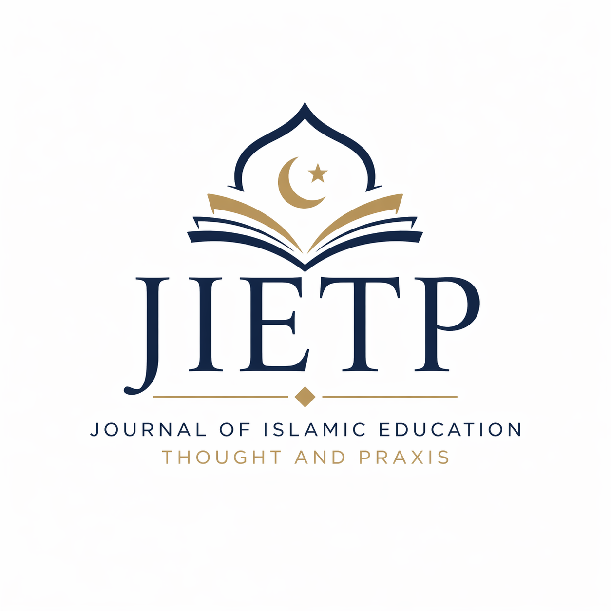 JIETP logo featuring the acronym JIETP in elegant navy lettering, topped by an open book and mosque dome motif with crescent moon and star in gold, representing Islamic scholarship, knowledge, and global academic excellence.